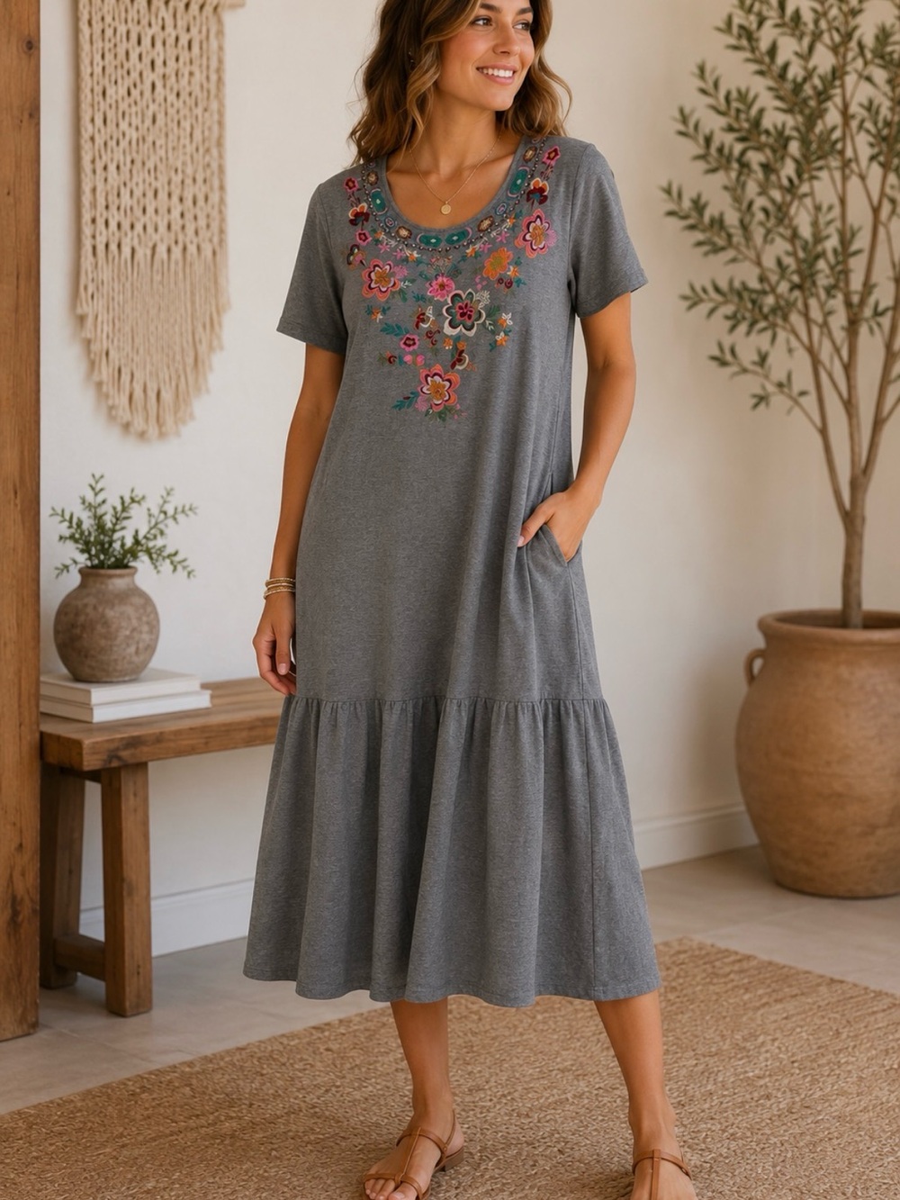 Natural Impressions 100% Cotton Floral Embroidered Gray short sleeve dress